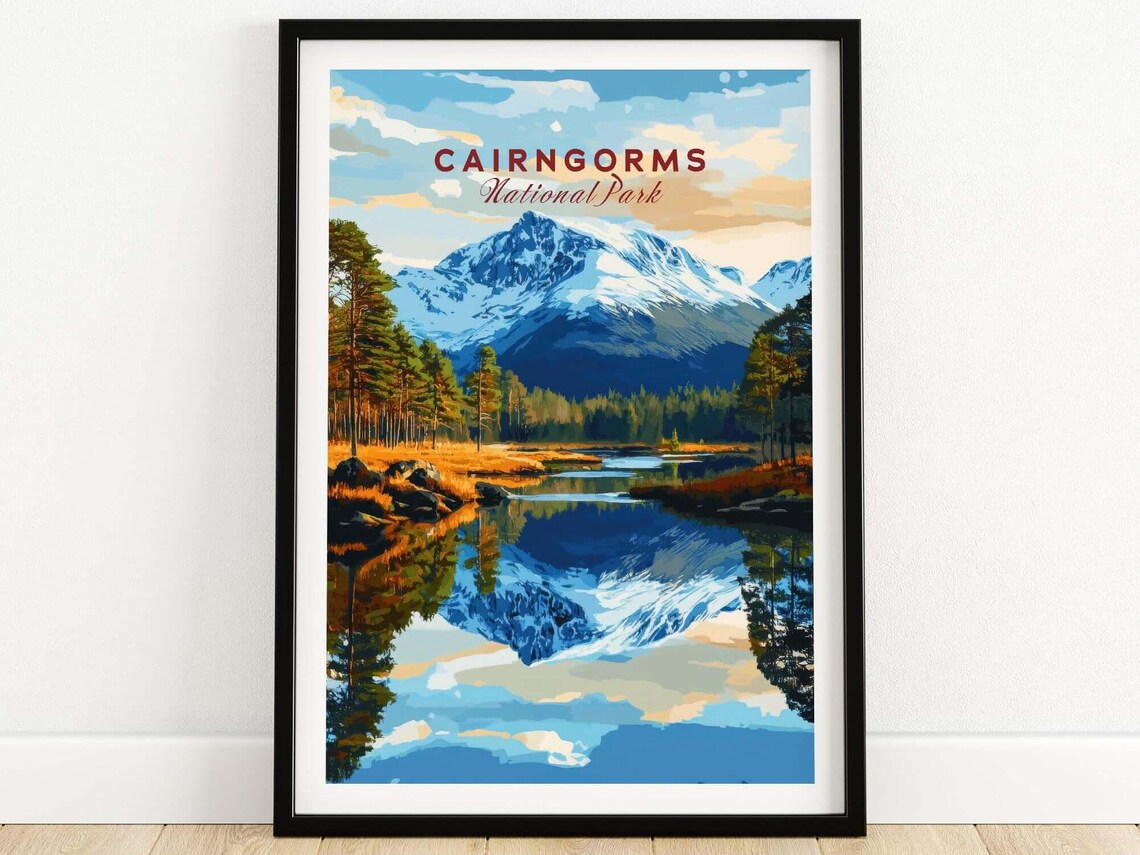Cairngorms National Park Snowy Mountain Lake Vintage Travel Poster