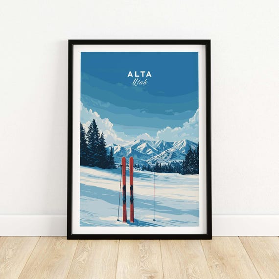 Alta Utah Skis Snow Print Scenic Mountain Art Winter Resort Decor Ski Lodge Wall Hanging Outdoor Adventure Gift