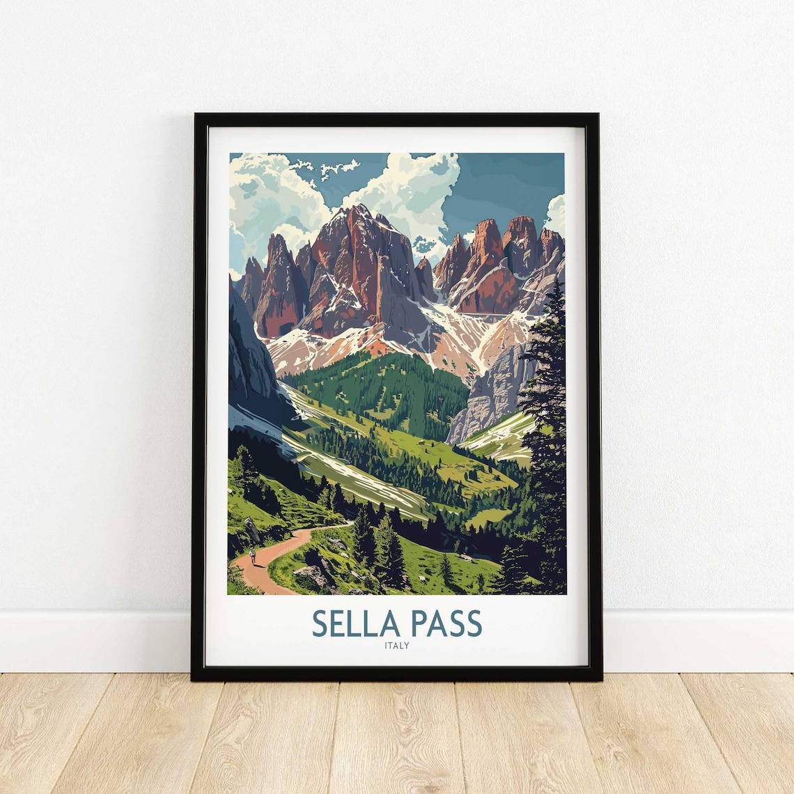 Sella Pass Italy Dolomites Red Rock Peaks Vintage Travel Poster