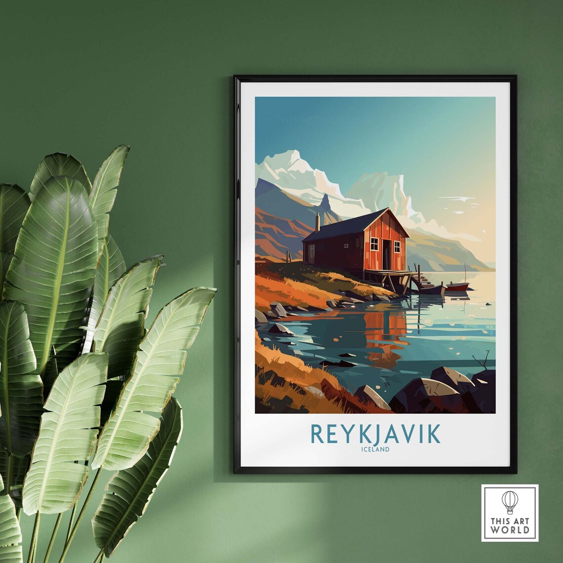 Reykjavik Iceland Red Fishing Cabin Fjord Mountain Scenic Poster - Image 2
