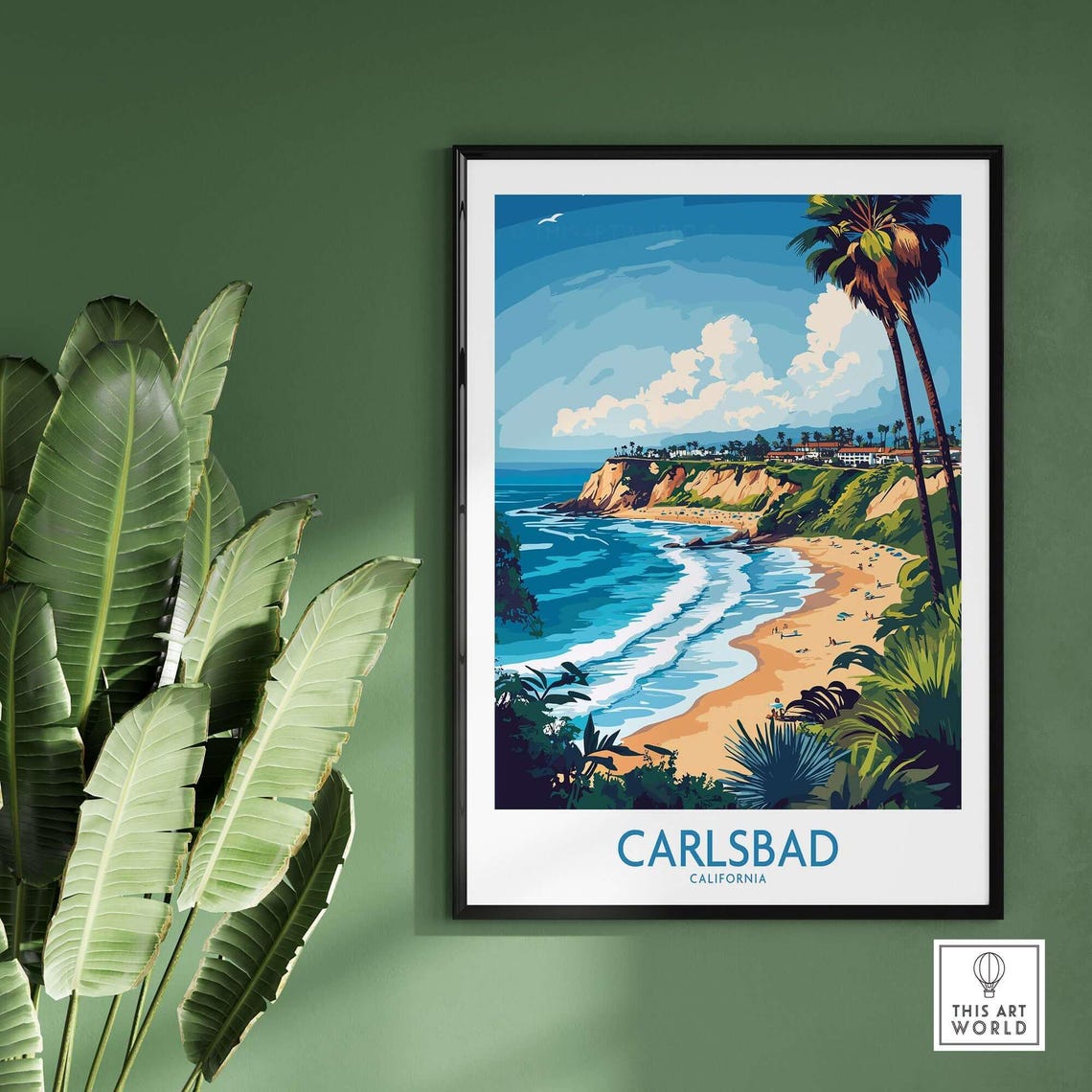 Carlsbad California Beach Cliffs Palm Trees Surf Travel Poster - Image 2