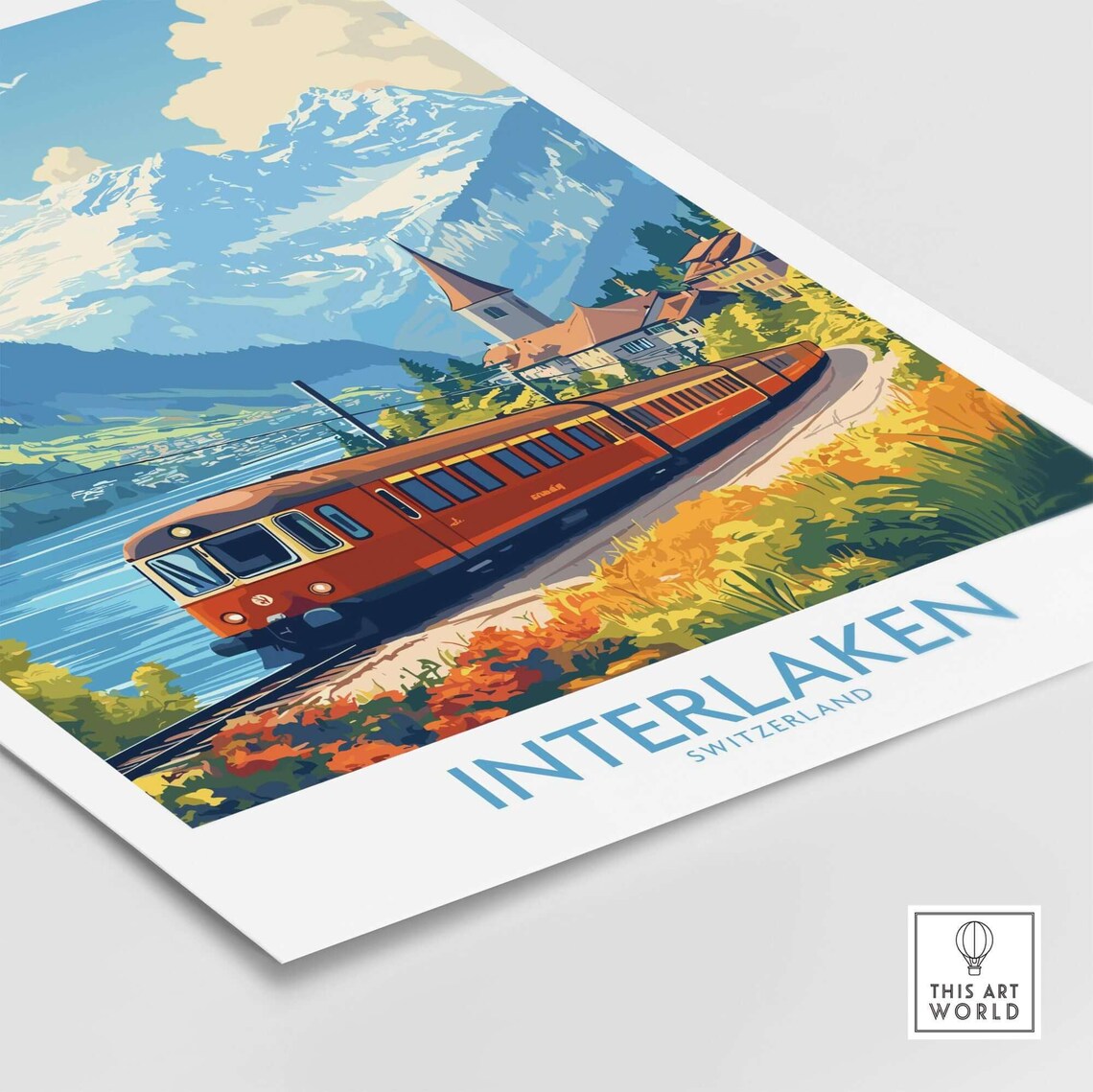 Interlaken Switzerland Red Railcar Lakeside Vintage Travel Poster - Image 4