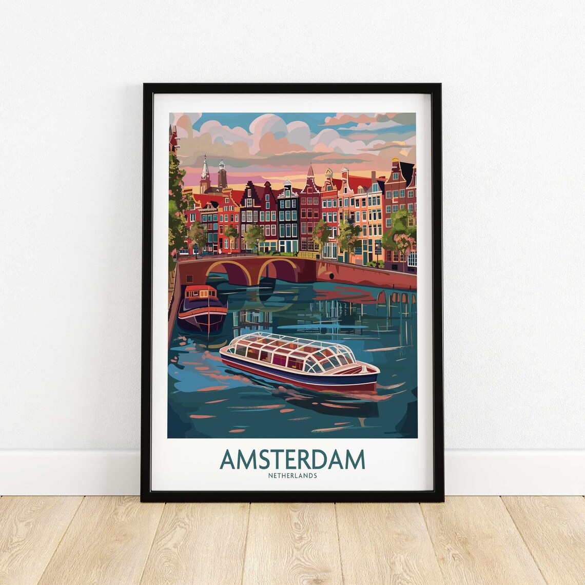 Amsterdam Netherlands Canal Boats Bridge Sunset Retro Travel Poster - Image 4