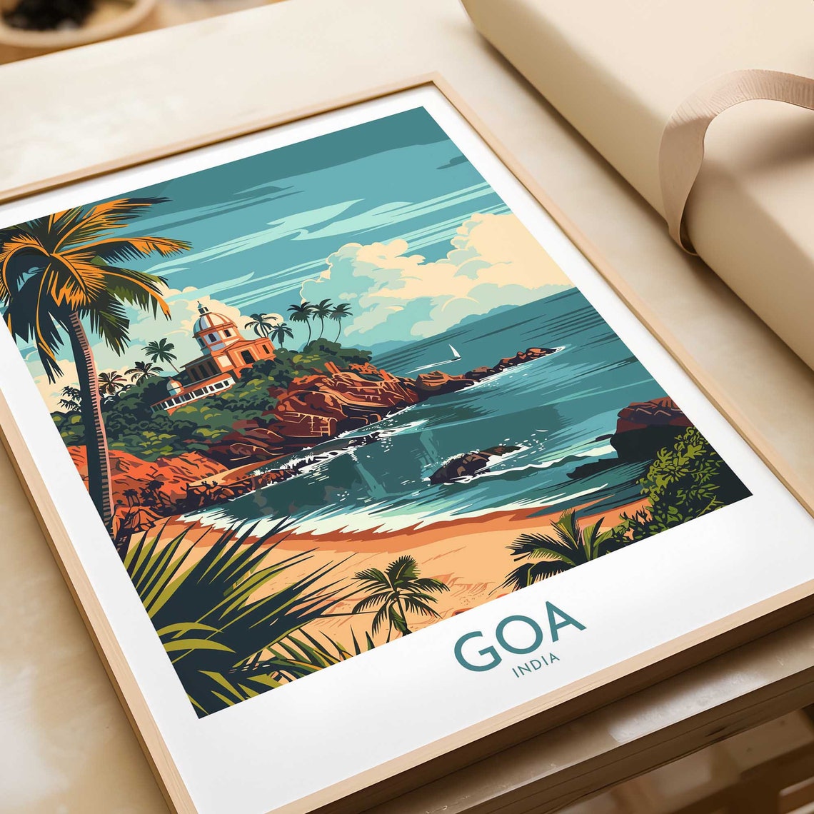 Goa India Rocky Coast Temple Hill Palm Beach View Travel Poster