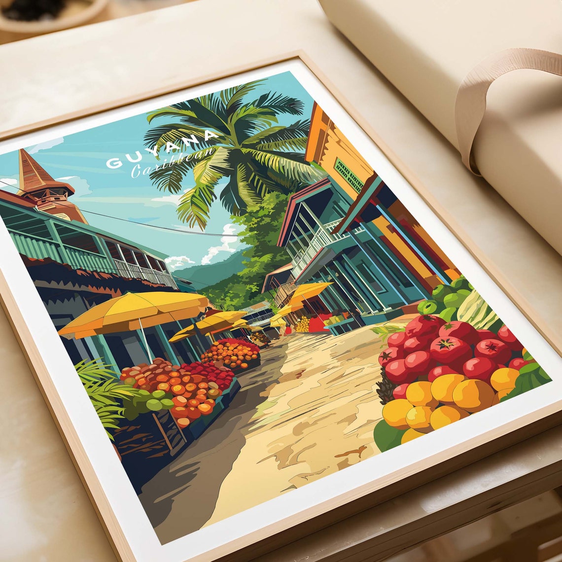 Guyana Caribbean Fruit Market Street Scene Vintage Travel Poster