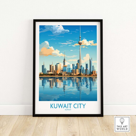 Kuwait City Skyline Kuwait Towers Harbor Reflection Travel Poster