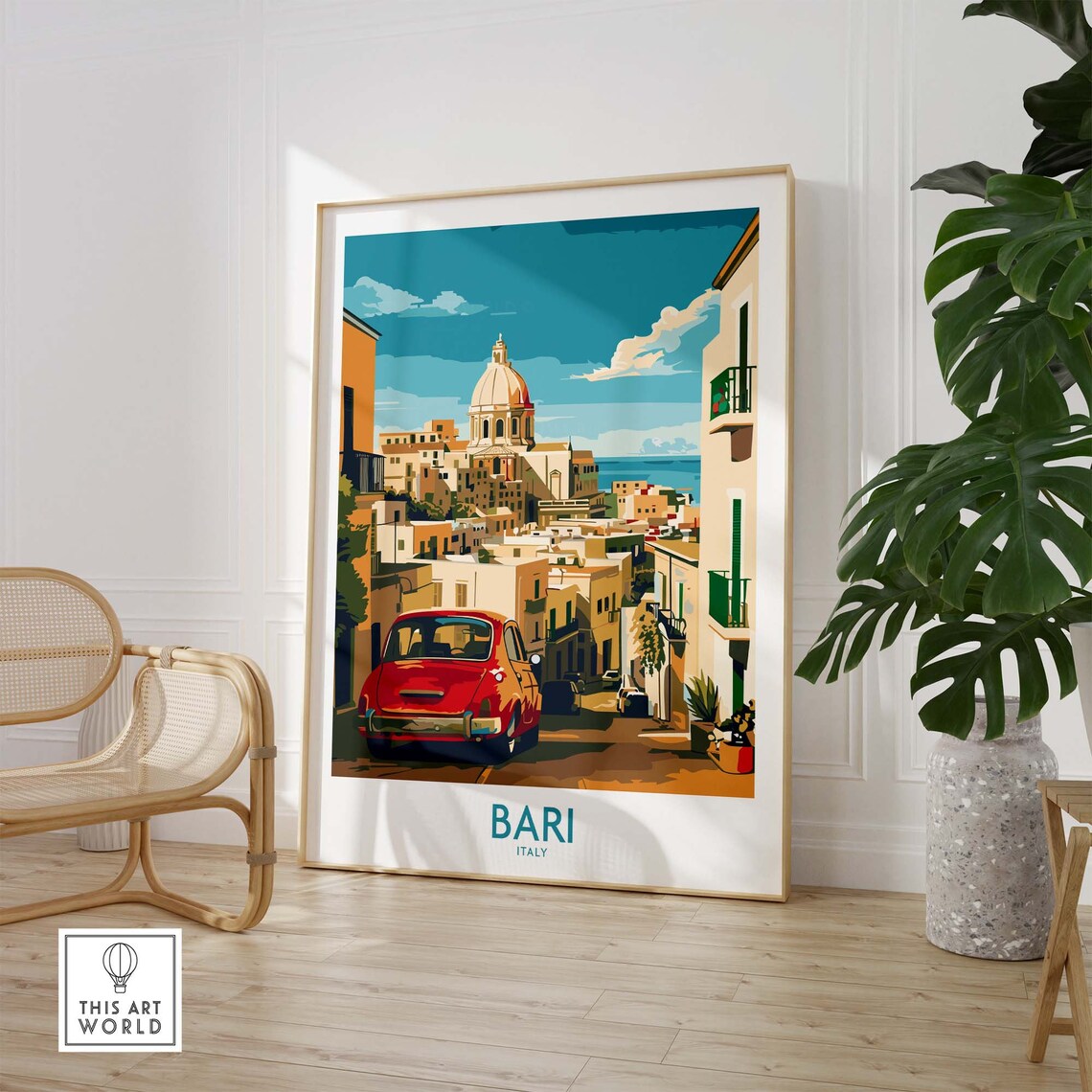 Bari Puglia Old Town Street Vintage Red Car Cathedral View Poster - Image 2