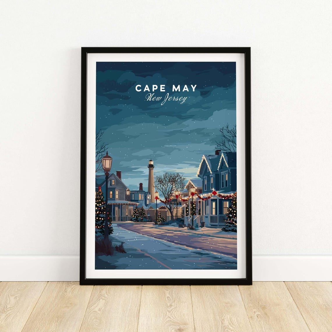 Cape May New Jersey Winter Lighthouse Night Scene Art Poster