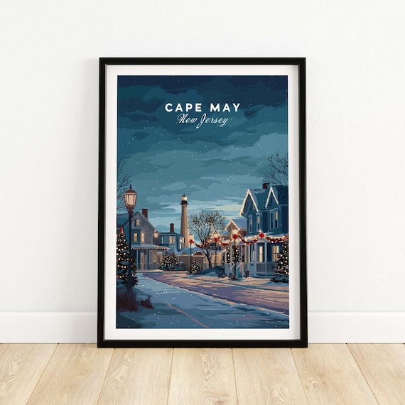 Cape May New Jersey Winter Lighthouse Night Scene Art Poster