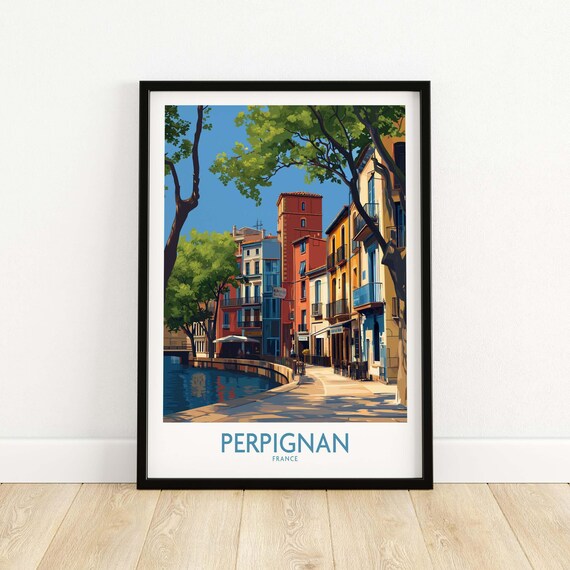 Perpignan France Riverside Promenade Colorful Houses Travel Poster