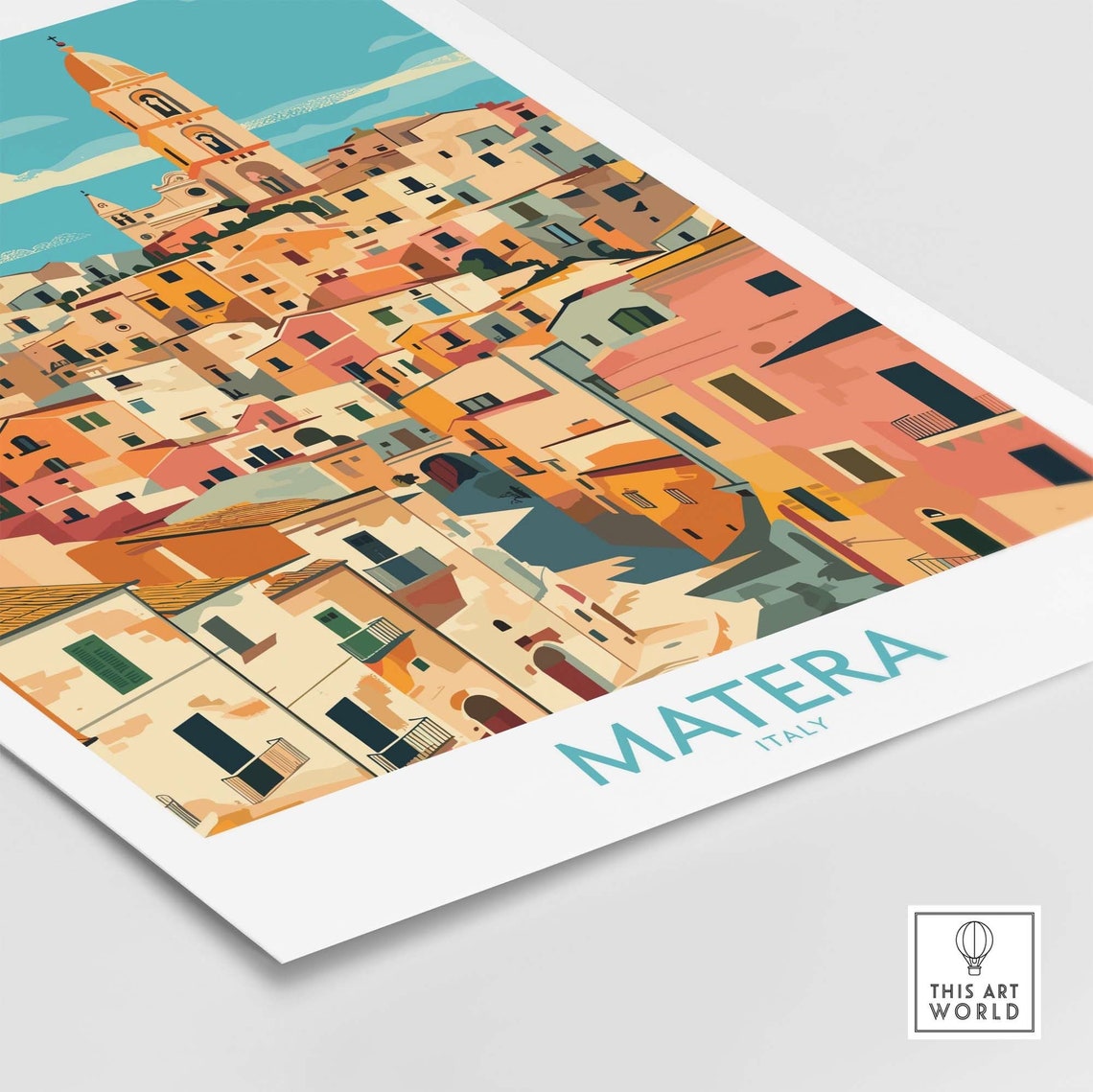 Matera Italy Colorful Cliffside Old Town Bell Tower Travel Poster - Image 4