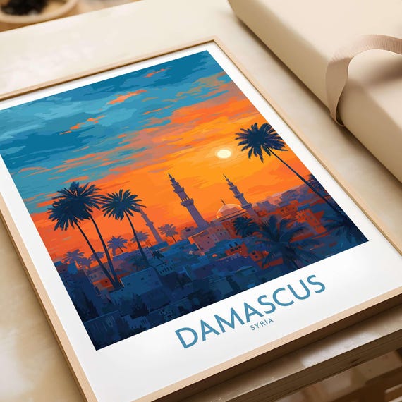 Damascus Mosque Art Print Syria Travel Poster Cityscape Wall Decor Sunset Sky Illustration Vintage Style Home Office Gift