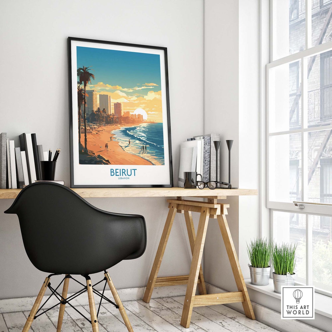 Beirut Lebanon Sunset Beach Palm Trees Seaside Skyline Travel Poster - Image 4
