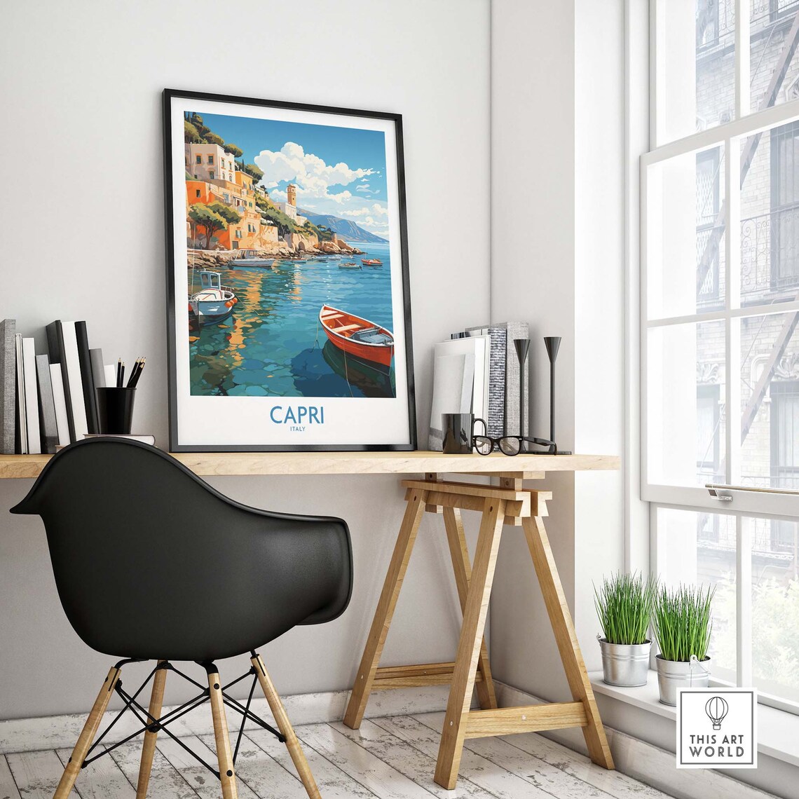 Capri Italy Harbor Fishing Boats Cliffside Village Seascape Poster - Image 4