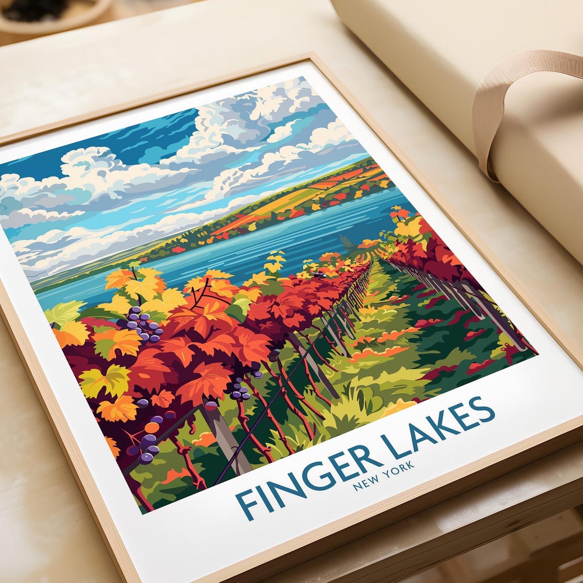 Finger Lakes New York Autumn Vineyard Row Lakeside Art Poster