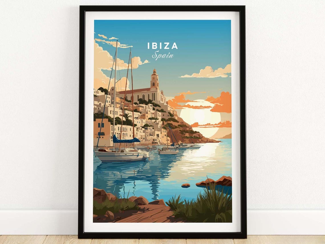 Ibiza Spain Harbor Sunset Sailboats Whitewashed Old Town Poster