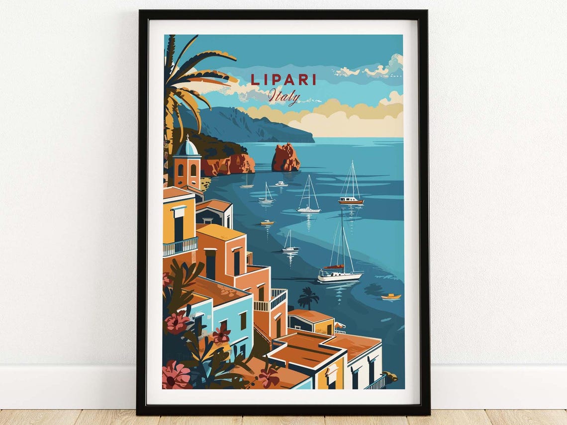 Lipari Italy Aeolian Islands Cliffside Harbor Sailboats Poster