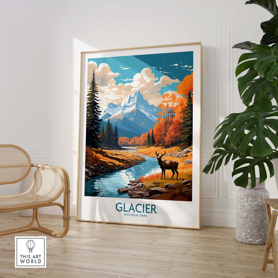 Glacier National Park Autumn Deer River Mountain Travel Poster - Image 3