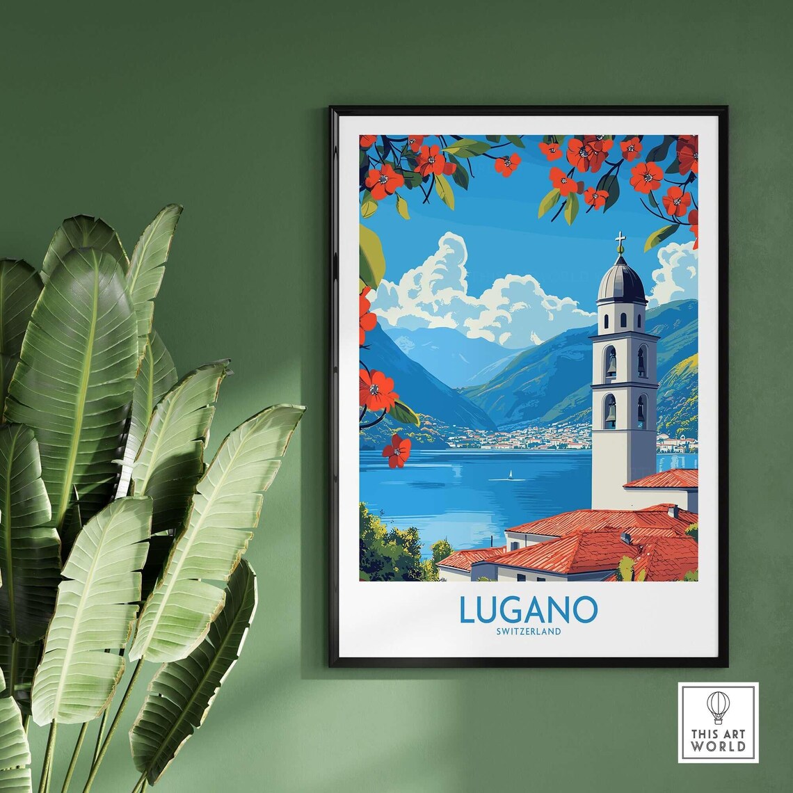 Lugano Switzerland Lake Church Tower Red Blossoms Travel Poster - Image 2