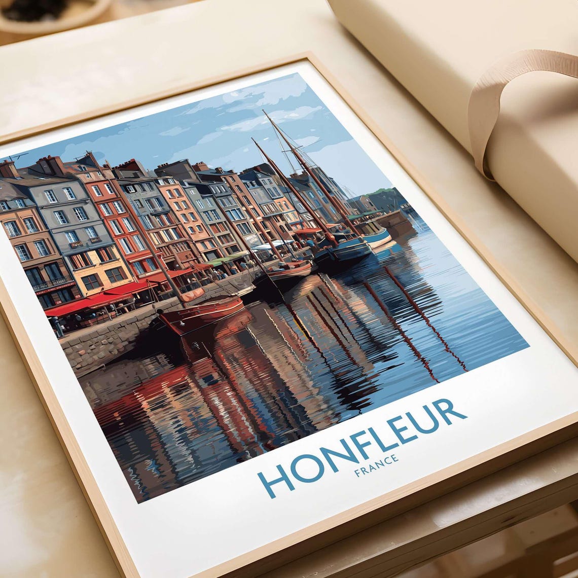 Honfleur Poster Normandy Boats And Buildings Coastal France Decor Historic French Town Print Seaside Wall Art Travel Gift
