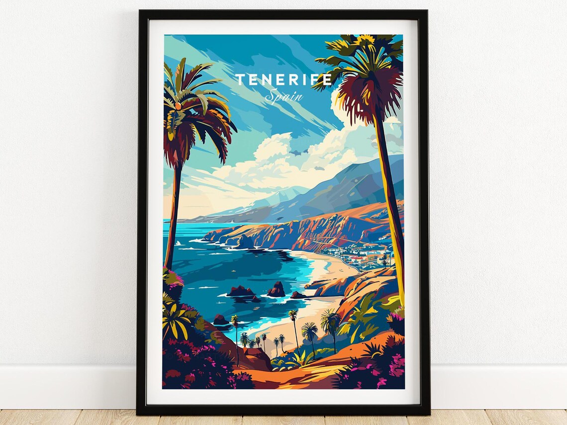 Ocean Tenerife Spain Cliff Cove Palm Trees Coastal Town Poster