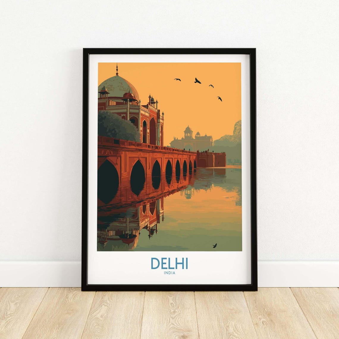 Delhi India Humayuns Tomb Sunset Bridge Reflection Travel Poster