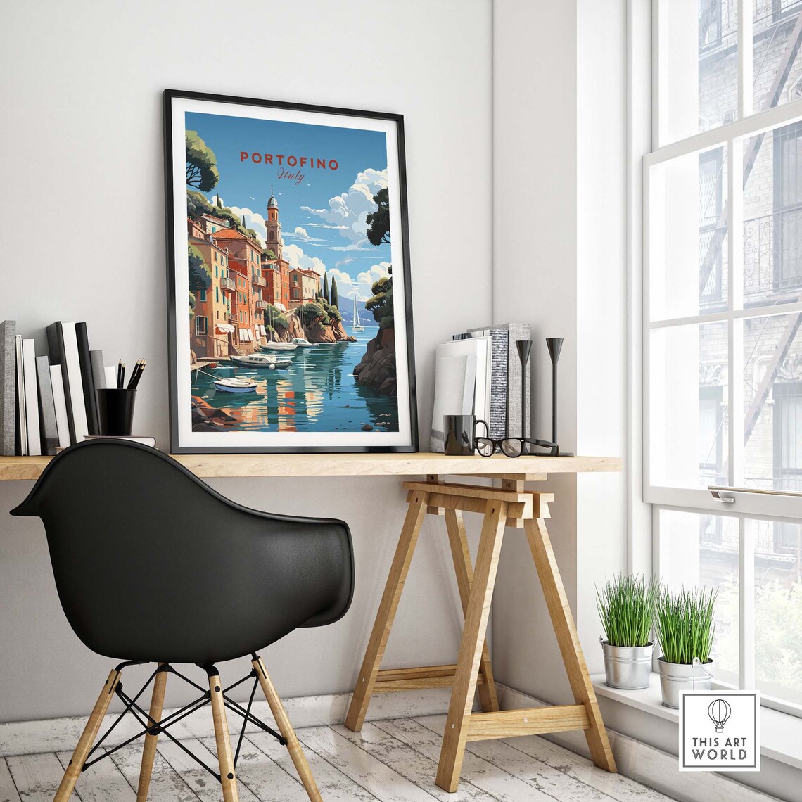 Retro Portofino Italy Harbor Boats Church Tower Seaside Poster - Image 4