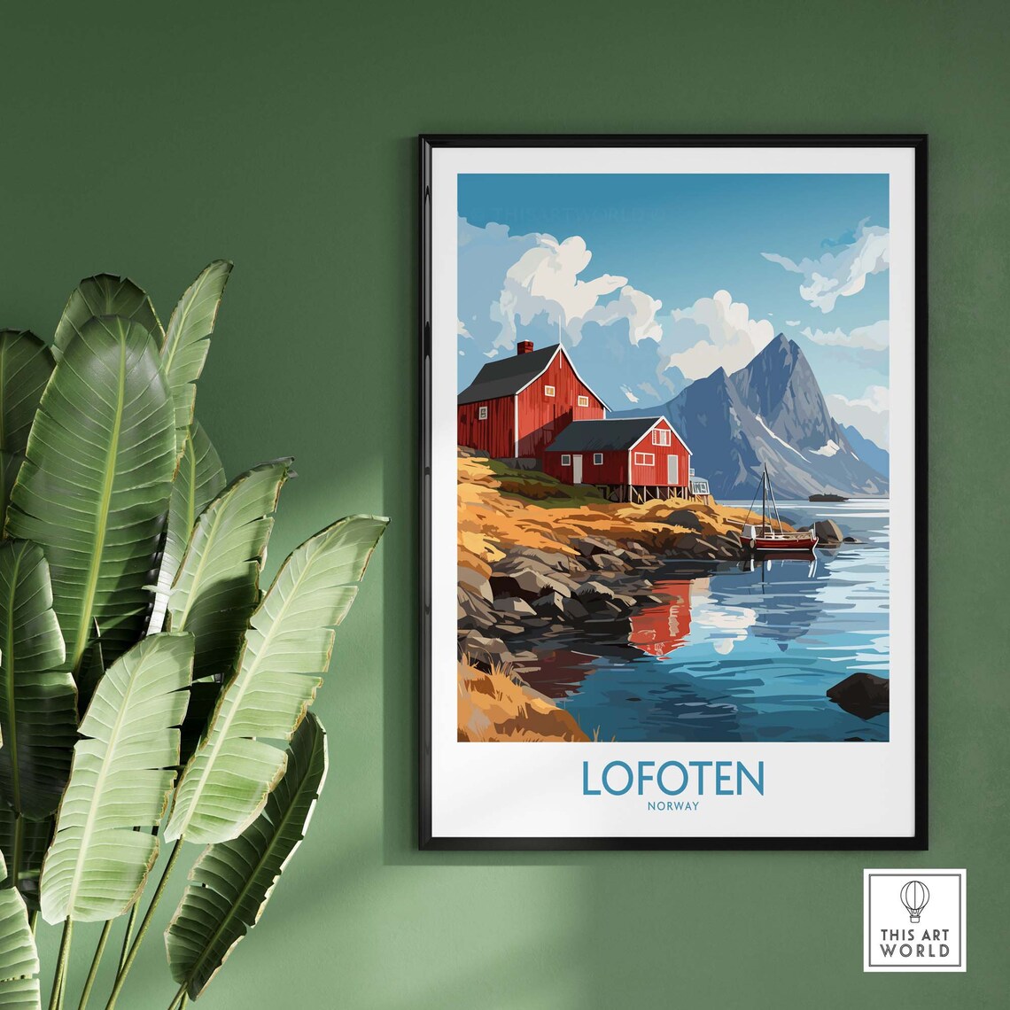 Lofoten Norway Red Cabins Fjord Mountains Harbor Scenic Travel Poster - Image 2