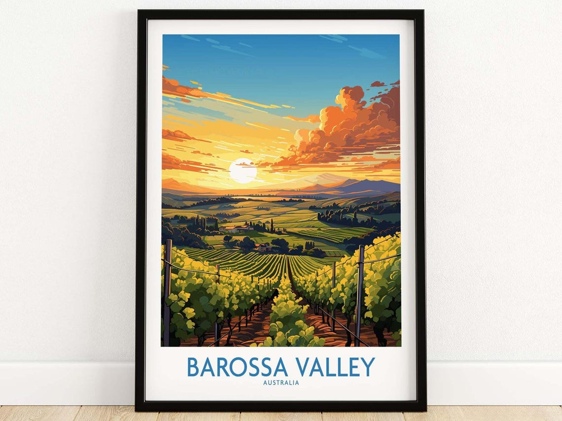 Barossa Valley Australia Vineyard Rows Sunset Golden Travel Poster