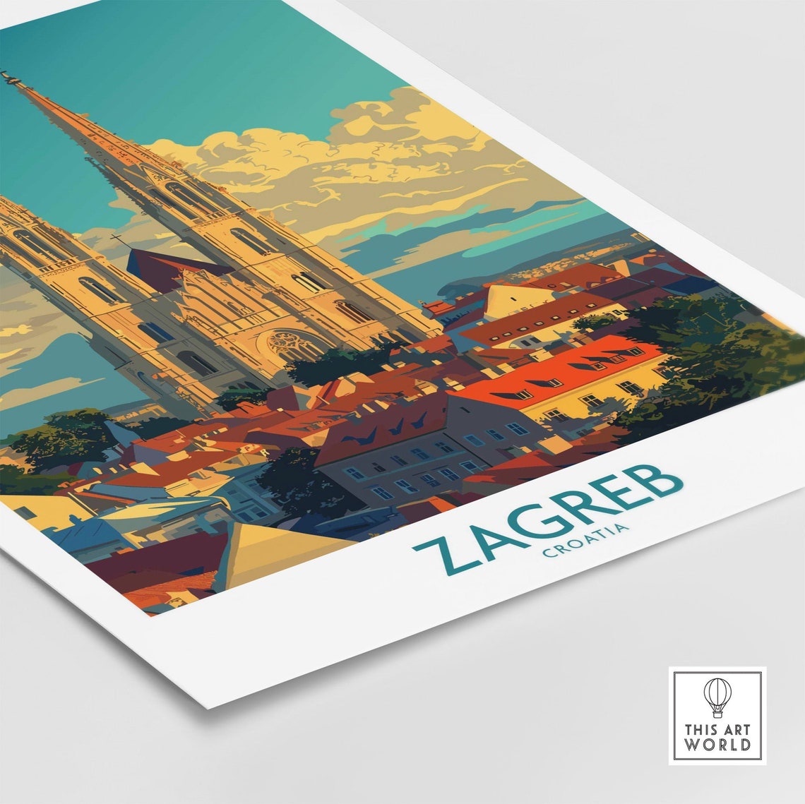 Zagreb Croatia Cathedral Twin Spires Close Up Rooftops Vintage Poster - Image 4