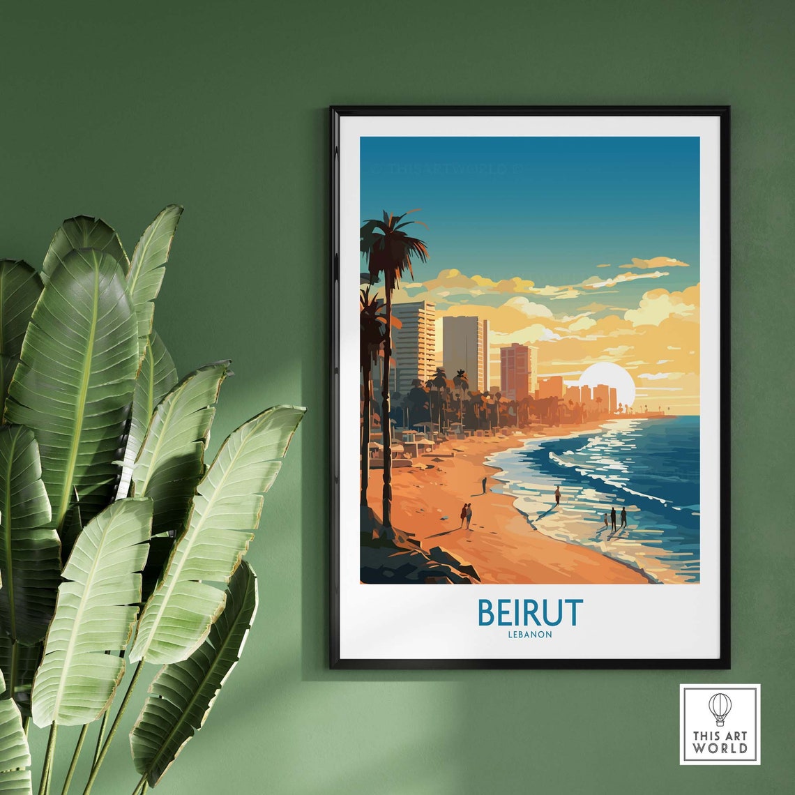 Beirut Lebanon Sunset Beach Palm Trees Seaside Skyline Travel Poster - Image 2