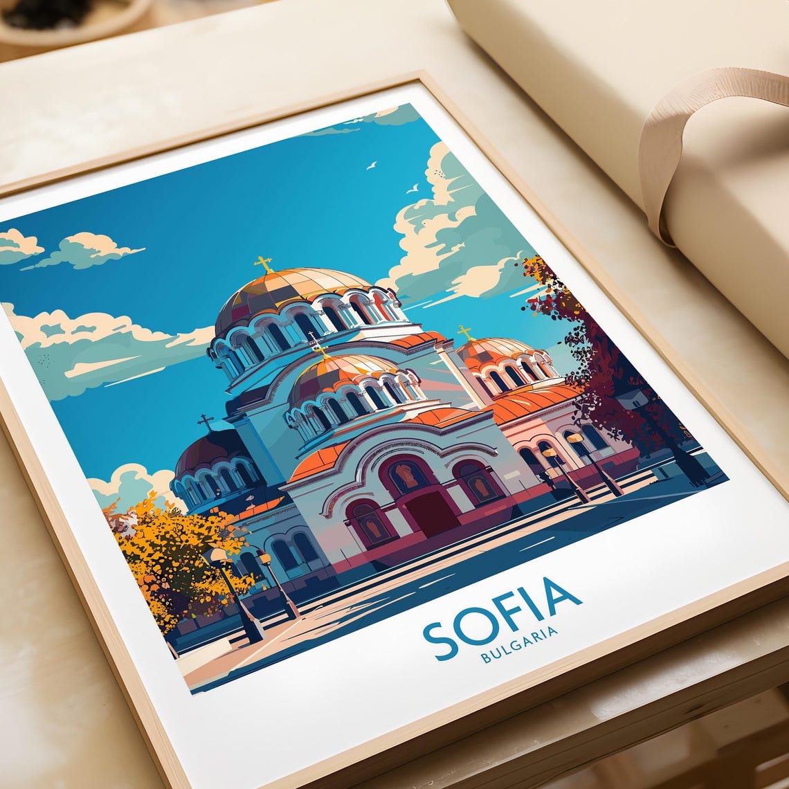 Retro Sofia Bulgaria Cathedral Facade Autumn Street Scene Poster