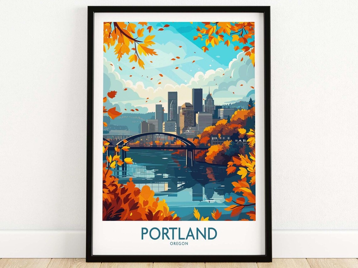 Portland Oregon Autumn Bridge Downtown Skyline Travel Poster