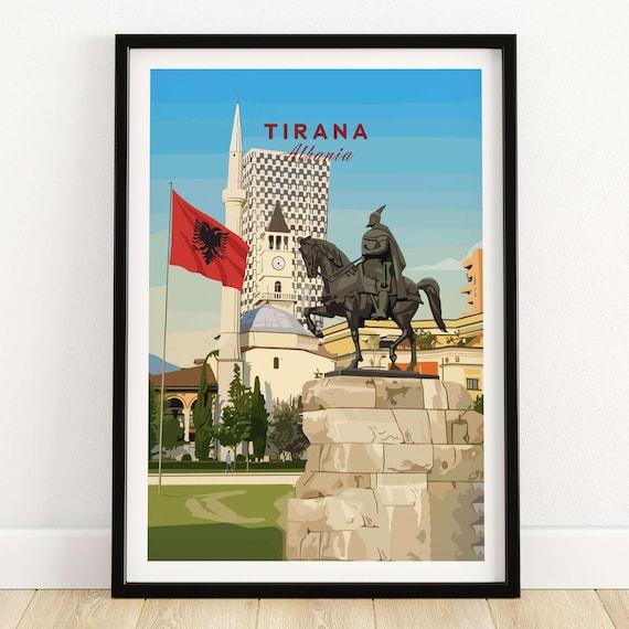 Tirana Albania Skanderbeg Square Flag and Mosque Travel Poster