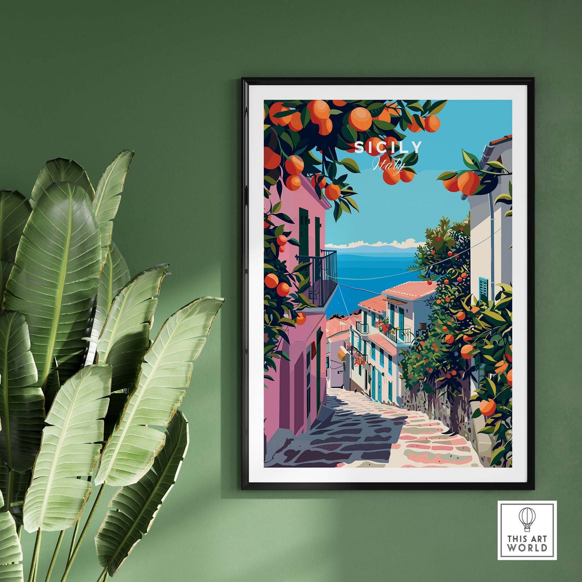 Sicily Italy Orange Grove Cobblestone Street Sea View Art Poster - Image 2