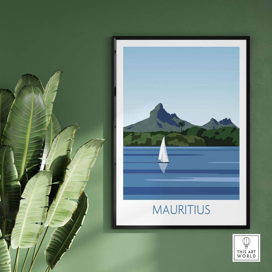 Mauritius Sailboat Lagoon Mountains Illustration Travel Poster - Image 2