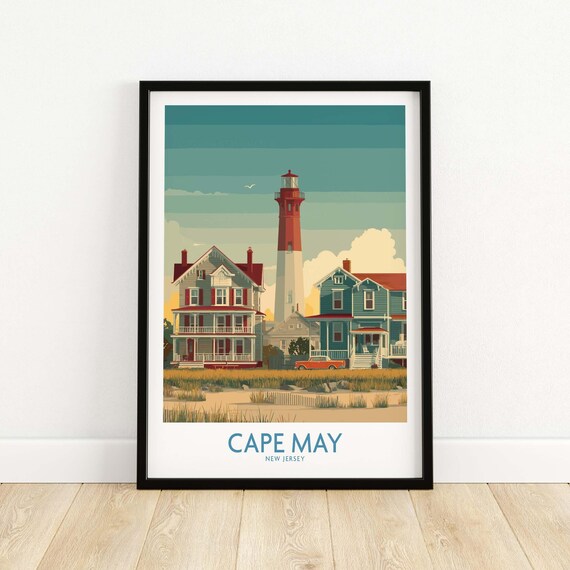 Cape May New Jersey Lighthouse and Historic Houses Vintage Travel Poster