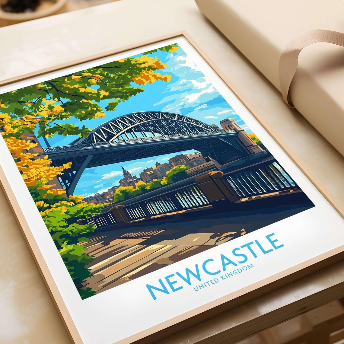 Newcastle UK Tyne Bridge Autumn Trees Riverside Travel Poster