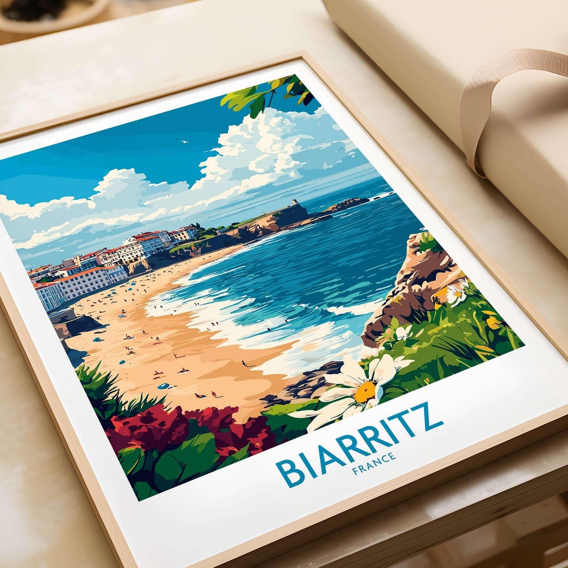Biarritz France Grande Plage Beach Coast Surf Scene Travel Poster