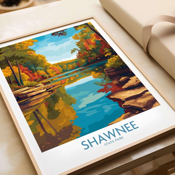 Shawnee State Park Ohio Autumn Lake Fall Foliage Vintage Travel Poster