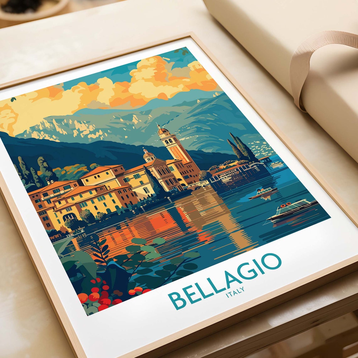 Bellagio Italy Lake Como Waterfront Sunset Reflections Poster