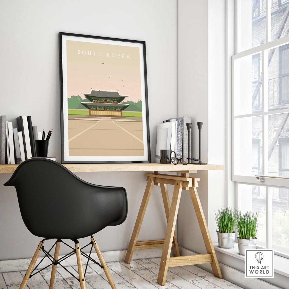 South Korea Traditional Palace Gate Minimal Pink Sky Art Poster - Image 4