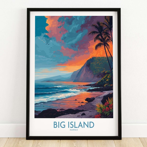 Big Island Hawaii Tropical Sunset Beach Palm Trees Travel Poster