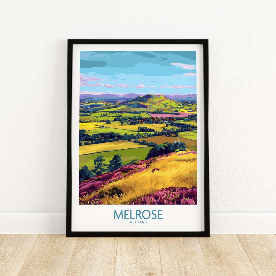Melrose Scotland Eildon Hills Travel Print Scottish Borders Poster Landscape Wall Art Gift Lovers Illustration Nature