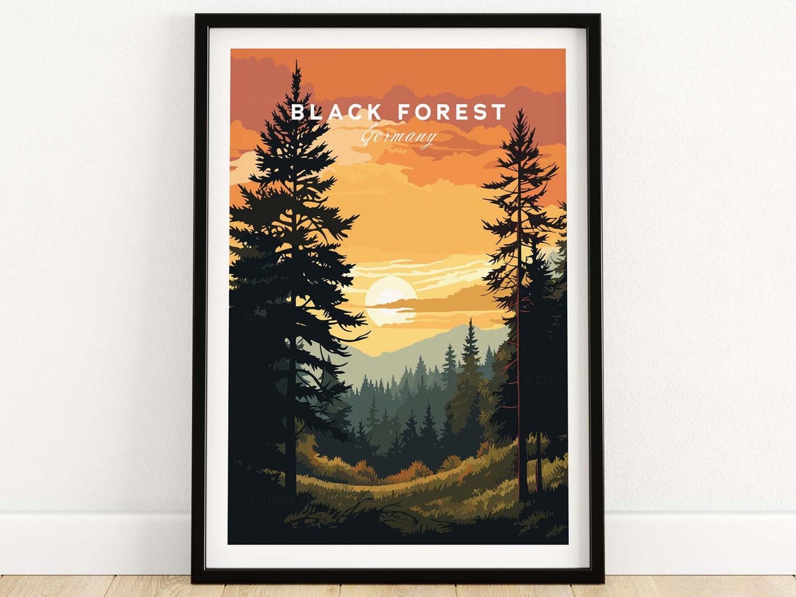 Black Forest Germany Sunset Pine Silhouettes Mountain Art Poster