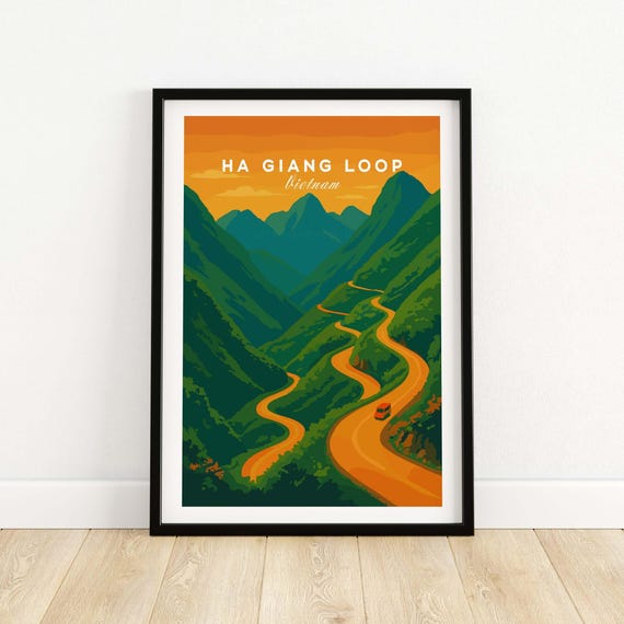 Ha Giang Loop Vietnam Travel Print Mountain Road Sunset Poster Landscape Wall Art Gift Lovers Illustration