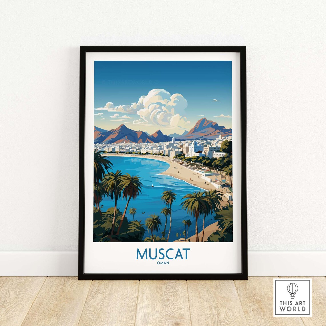 Muscat Oman Palm Beach Bay Mountains Waterfront Travel Poster