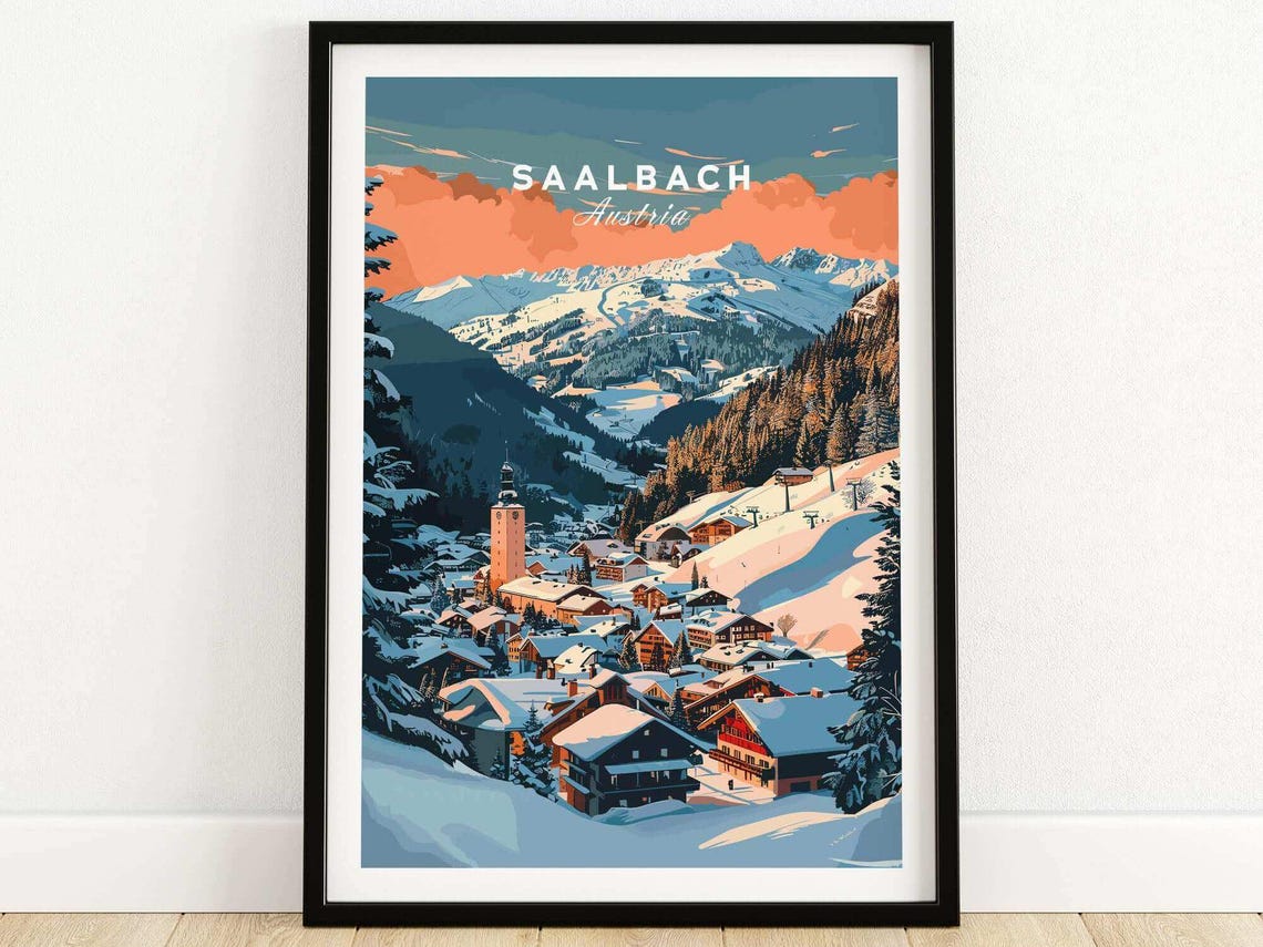Saalbach Austria Dusk Village with Church Tower Snowy Rooftops Poster