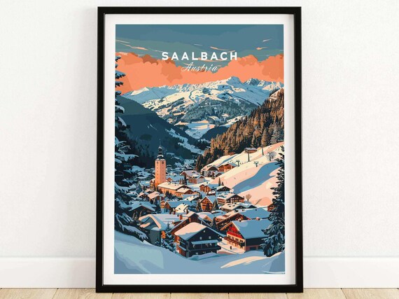 Saalbach Austria Dusk Village with Church Tower Snowy Rooftops Poster