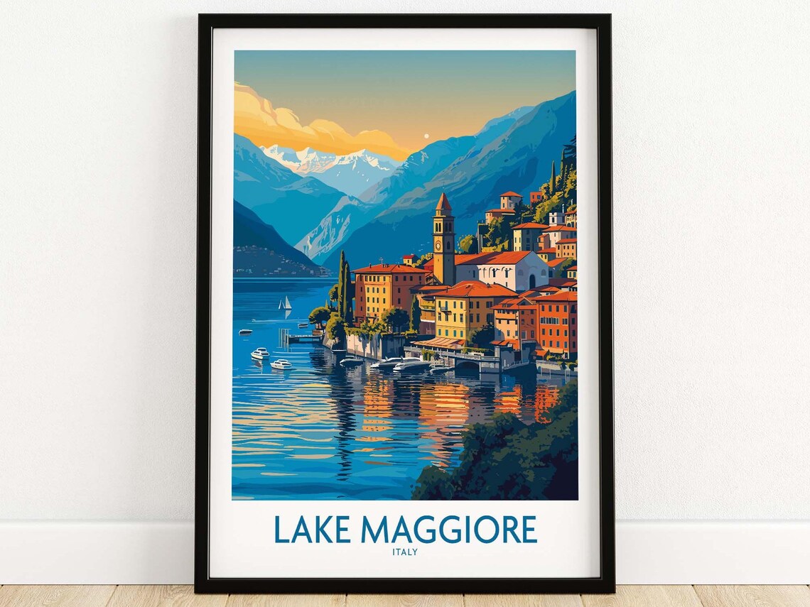 Lake Maggiore Italy Lakeside Village Bell Tower Travel Poster